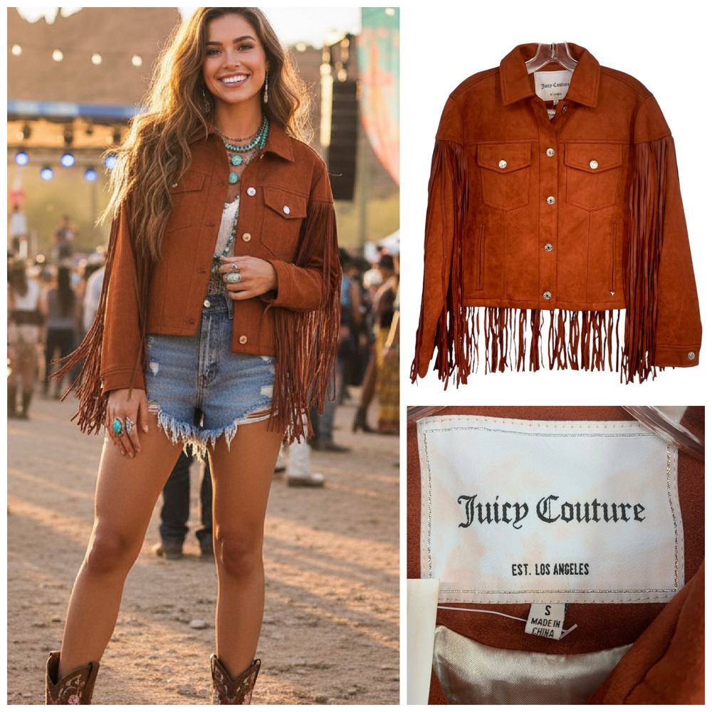 NEW Juicy Couture Sz S Fringe Cropped Trucker Jacket Rust Faux Suede Western NWT